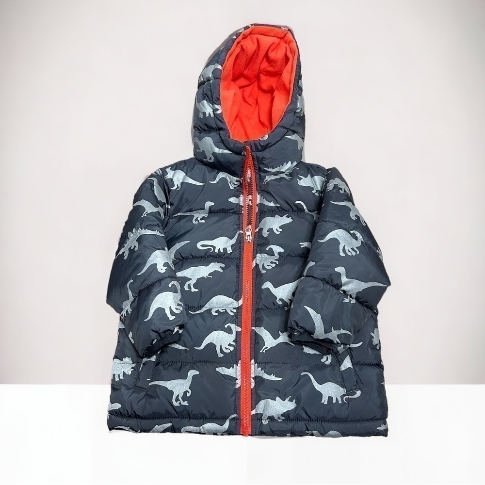 Wonder Nation Dinosaur Puffer Jacket NWT 3T Gray Orange Fleece Lined Kids